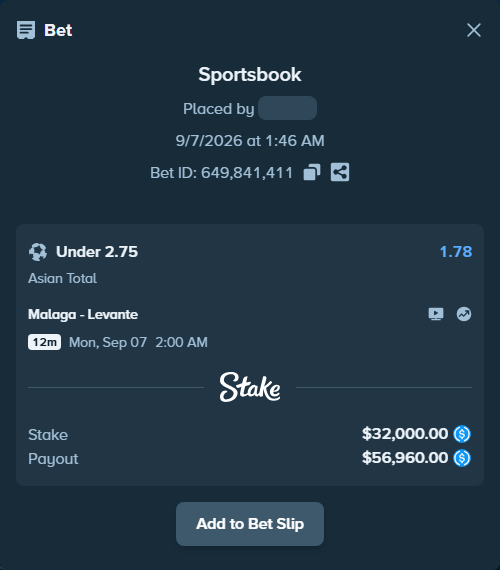 Bet slip: Malaga - Levante, $32,000.00 stake at 1.78 odds, placed by heima01