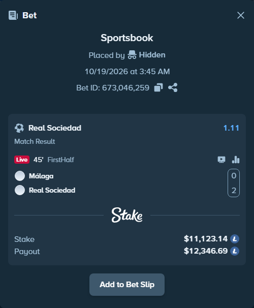 Bet slip: Malaga - Real Sociedad San Sebastian, $11,300.55 stake at 1.11 odds, placed by Ing79J