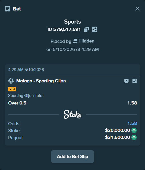 Bet slip: Malaga - Sporting Gijon, $20,000.00 stake at 1.58 odds, placed by Hidden