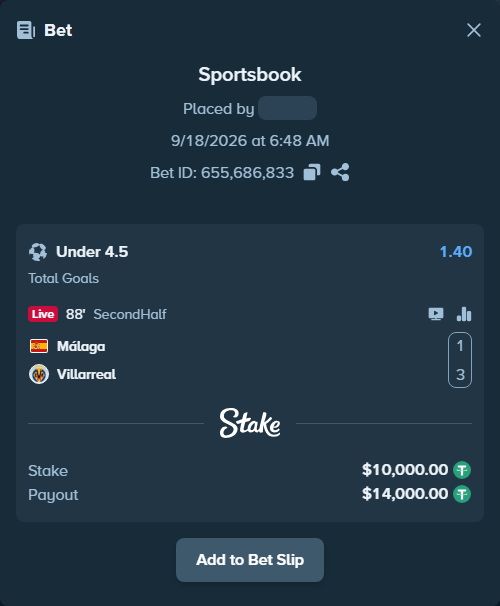 Bet slip: Malaga - Villareal, $10,010.00 stake at 1.40 odds, placed by erlendw00