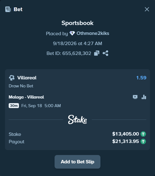 Bet slip: Malaga - Villareal, $13,418.40 stake at 1.59 odds, placed by Othmane2kiks