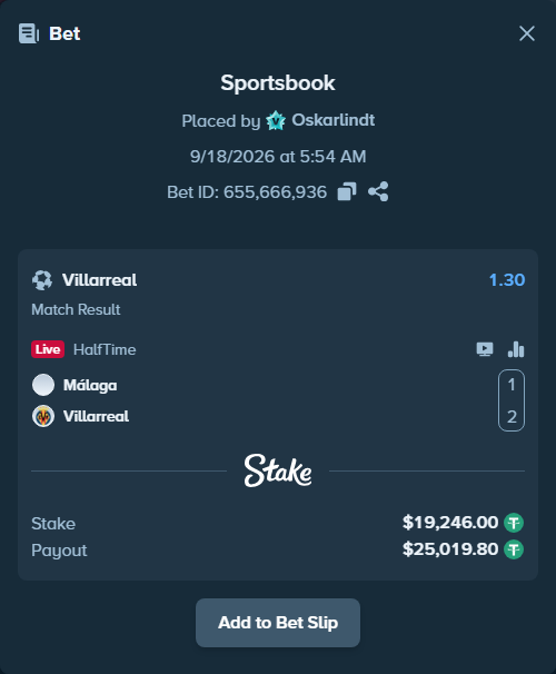 Bet slip: Malaga - Villareal, $19,265.25 stake at 1.30 odds, placed by Oskarlindt