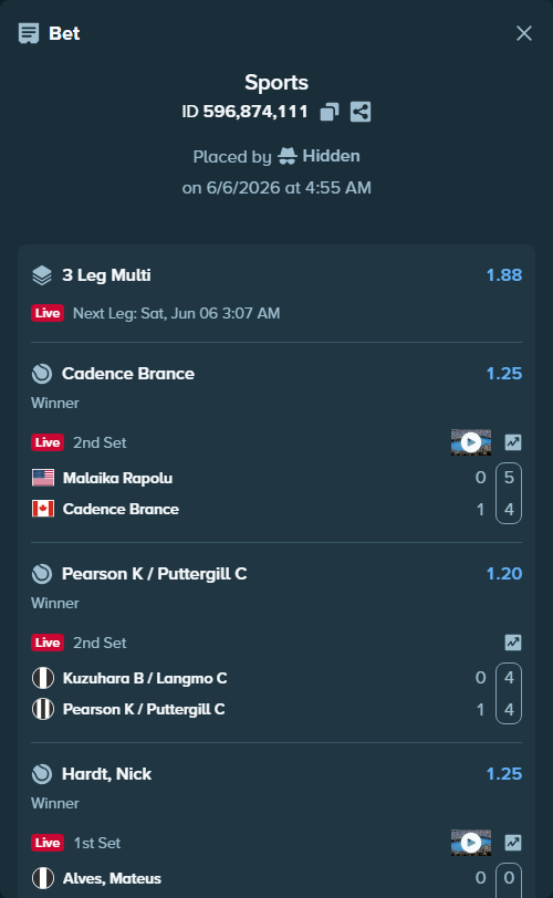 Bet slip: Malaika Rapolu - Cadence Brance, $10,000.00 stake at 1.25 odds, placed by Hidden