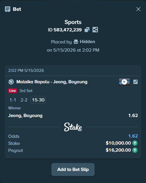 Bet slip: Malaika Rapolu - Jeong, Boyoung, $10,000.00 stake at 1.62 odds, placed by Hidden