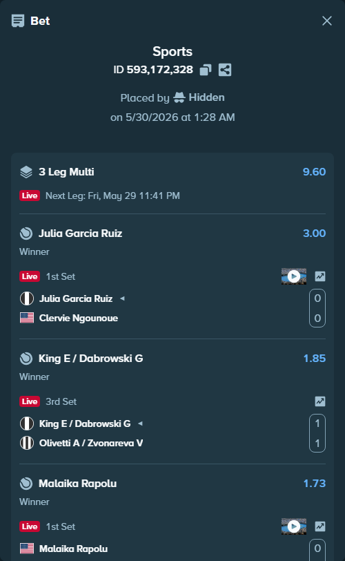 Bet slip: Malaika Rapolu - Ma, Lea, $12,042.00 stake at 1.73 odds, placed by Hidden