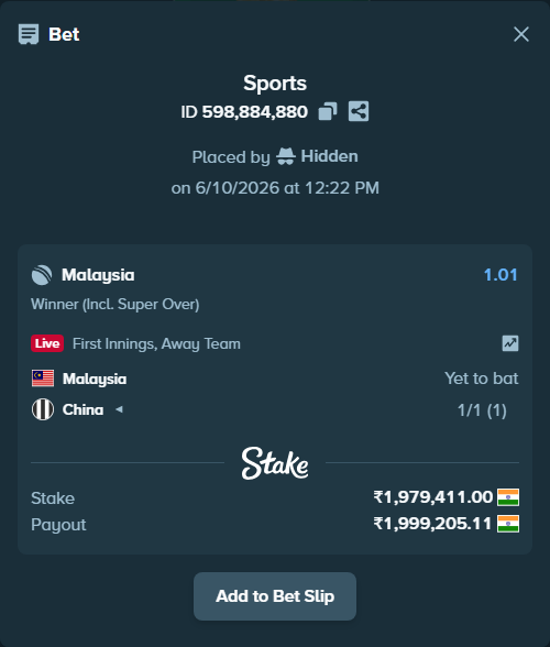 Bet slip: Malaysia - China, $23,752.93 stake at 1.01 odds, placed by Hidden