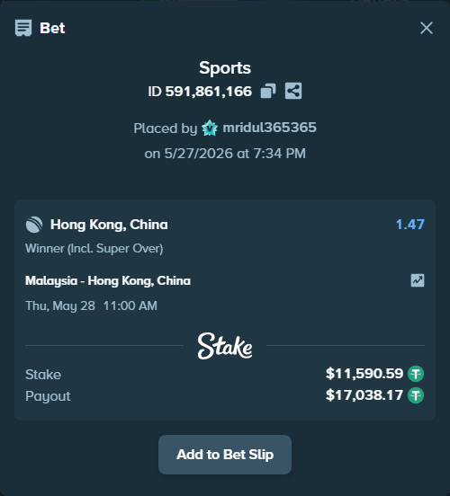 Bet slip: Malaysia - Hong Kong, China, $11,602.18 stake at 1.47 odds, placed by mridul365365