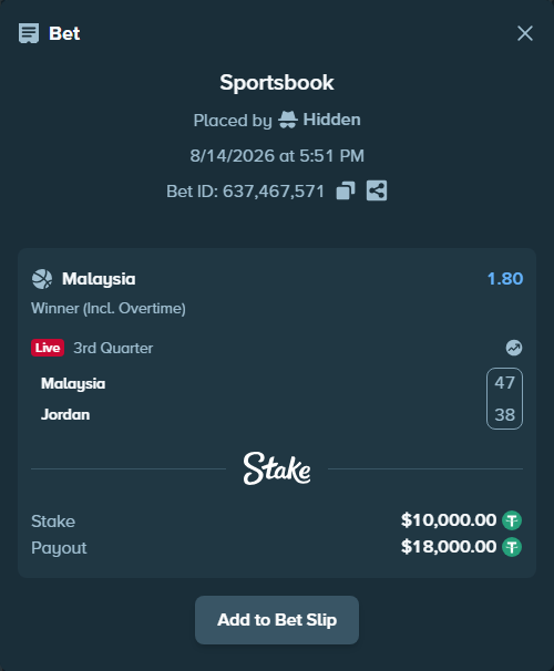 Bet slip: Malaysia - Jordan, $10,010.00 stake at 1.80 odds, placed by Hidden