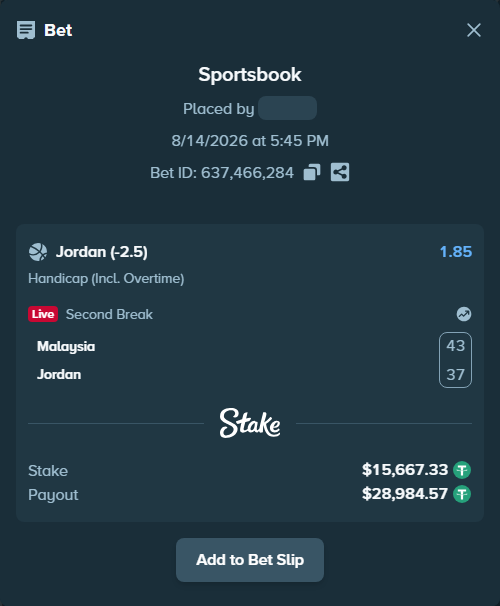 Bet slip: Malaysia - Jordan, $15,683.00 stake at 1.85 odds, placed by Rovangood