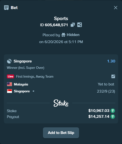 Bet slip: Malaysia - Singapore, $10,978.00 stake at 1.30 odds, placed by Hidden