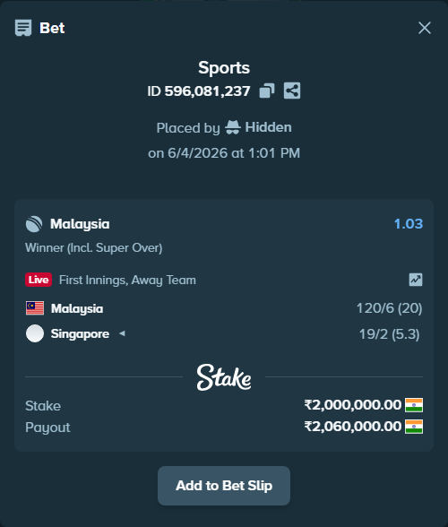 Bet slip: Malaysia - Singapore, $24,000.00 stake at 1.03 odds, placed by Hidden