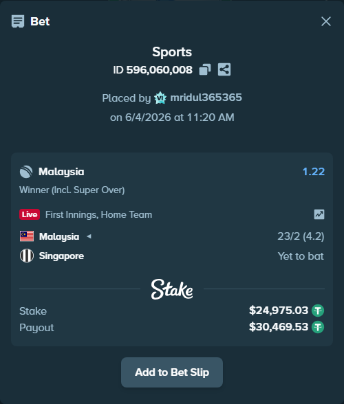 Bet slip: Malaysia - Singapore, $25,000.00 stake at 1.22 odds, placed by mridul365365