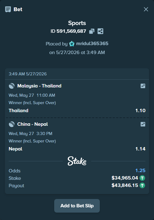 Bet slip: Malaysia - Thailand, $35,000.00 stake at 1.10 odds, placed by mridul365365
