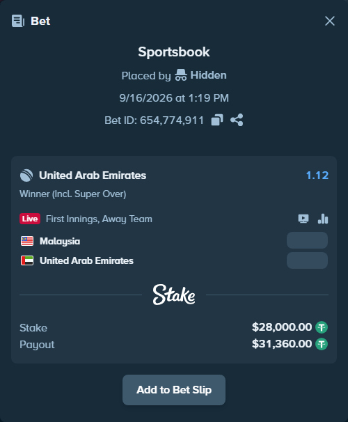 Bet slip: Malaysia - United Arab Emirates, $28,028.00 stake at 1.12 odds, placed by Hidden