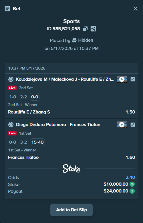 Bet slip: Maleckova J / Skoch M - Routliffe E / Zhang S, $10,000.00 stake at 1.50 odds, placed by Hidden