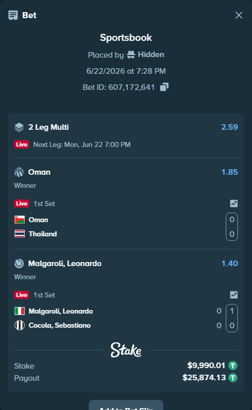 Bet slip: Malgaroli, Leonardo - Cocola, Sebastiano, $10,000.00 stake at 1.40 odds, placed by Hidden