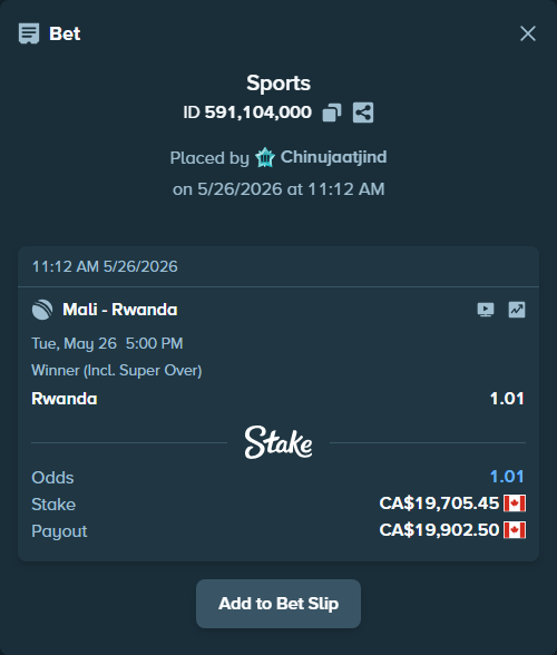 Bet slip: Mali - Rwanda, $14,582.03 stake at 1.01 odds, placed by Chinujaatjind
