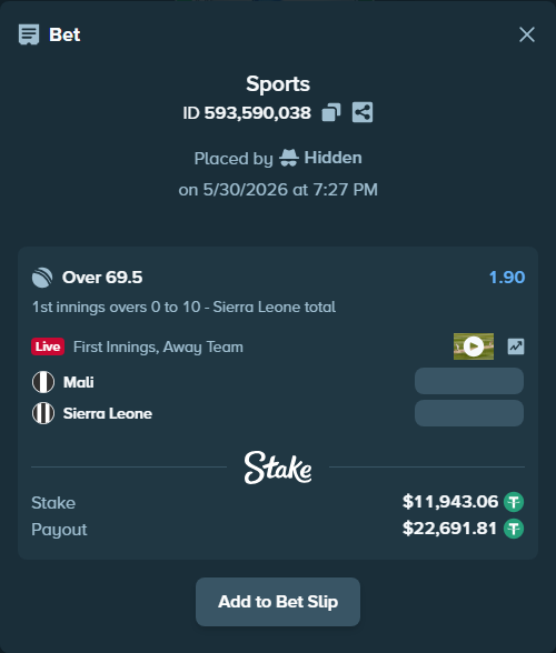 Bet slip: Mali - Sierra Leone, $11,955.00 stake at 1.90 odds, placed by Hidden