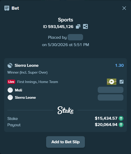 Bet slip: Mali - Sierra Leone, $15,450.00 stake at 1.30 odds, placed by mridul365365