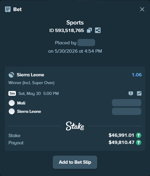 Bet slip: Mali - Sierra Leone, $47,038.00 stake at 1.06 odds, placed by mridul365365