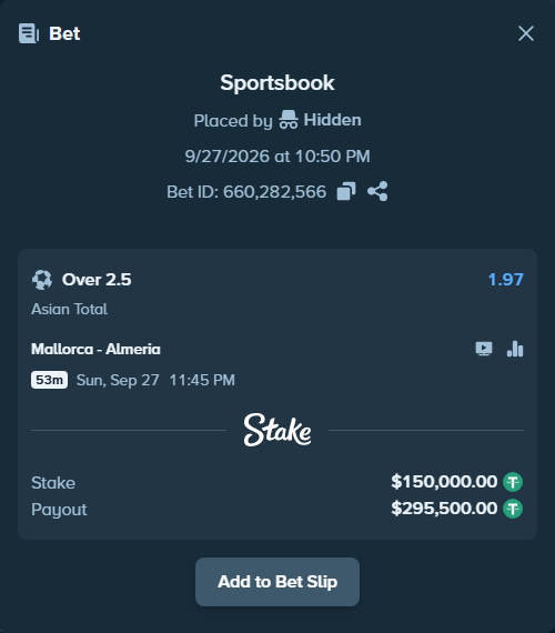 Bet slip: Mallorca - Almeria, $150,000.00 stake at 1.97 odds, placed by Hidden