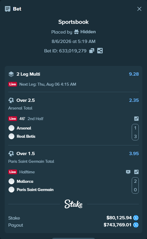 Bet slip: Mallorca - Paris Saint Germain, $80,125.94 stake at 3.95 odds, placed by Hidden