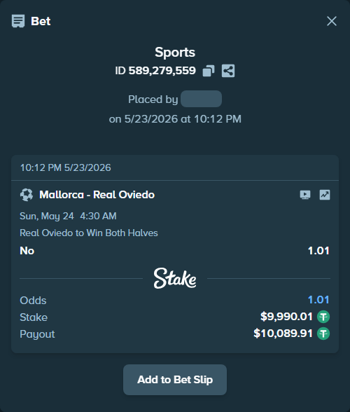 Bet slip: Mallorca - Real Oviedo, $10,000.00 stake at 1.01 odds, placed by Ufpnjh