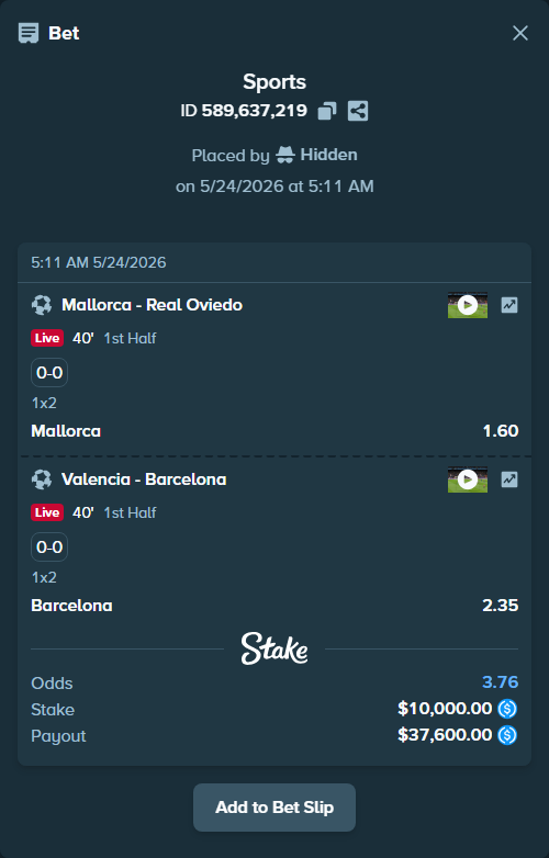 Bet slip: Mallorca - Real Oviedo, $10,000.00 stake at 1.60 odds, placed by Hidden