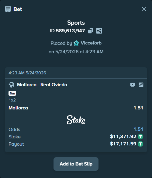 Bet slip: Mallorca - Real Oviedo, $11,383.29 stake at 1.51 odds, placed by Vicceforb