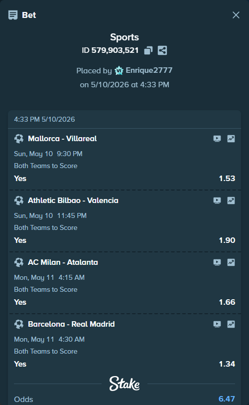Bet slip: Mallorca - Villareal, $10,000.00 stake at 1.53 odds, placed by Enrique2777