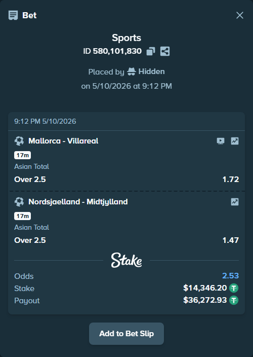 Bet slip: Mallorca - Villareal, $14,346.20 stake at 1.72 odds, placed by Hidden