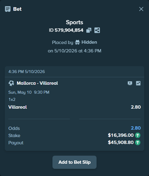 Bet slip: Mallorca - Villareal, $16,396.00 stake at 2.80 odds, placed by Enrique2777