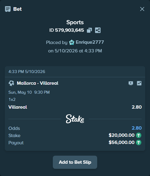 Bet slip: Mallorca - Villareal, $20,000.00 stake at 2.80 odds, placed by Enrique2777