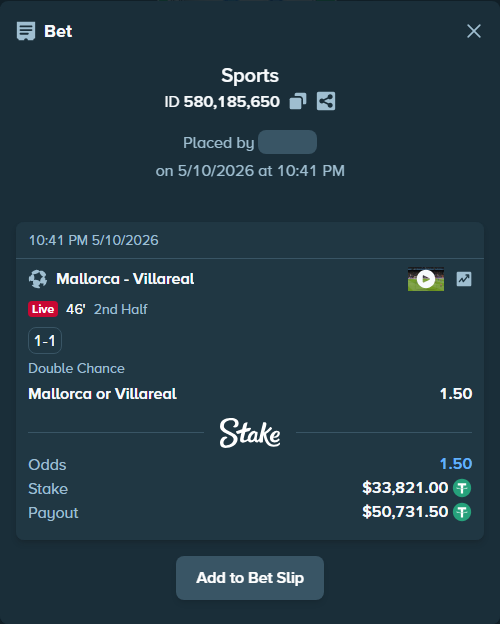 Bet slip: Mallorca - Villareal, $33,821.00 stake at 1.50 odds, placed by Enrique2777