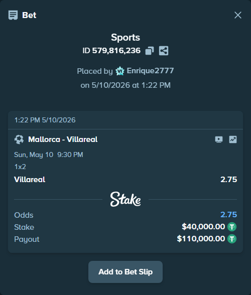 Bet slip: Mallorca - Villareal, $40,000.00 stake at 2.75 odds, placed by Enrique2777
