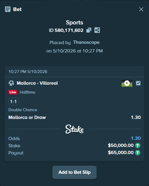 Bet slip: Mallorca - Villareal, $50,000.00 stake at 1.30 odds, placed by Thanoscape