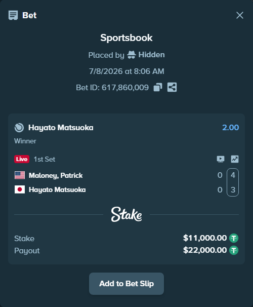 Bet slip: Maloney, Patrick - Hayato Matsuoka, $11,011.00 stake at 2.00 odds, placed by Hidden