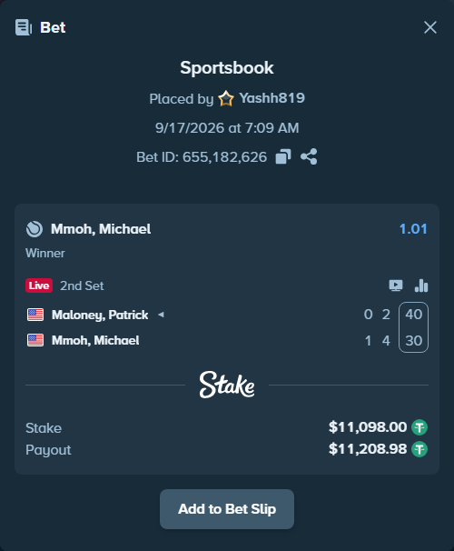 Bet slip: Maloney, Patrick - Mmoh, Michael, $11,109.10 stake at 1.01 odds, placed by Yashh819