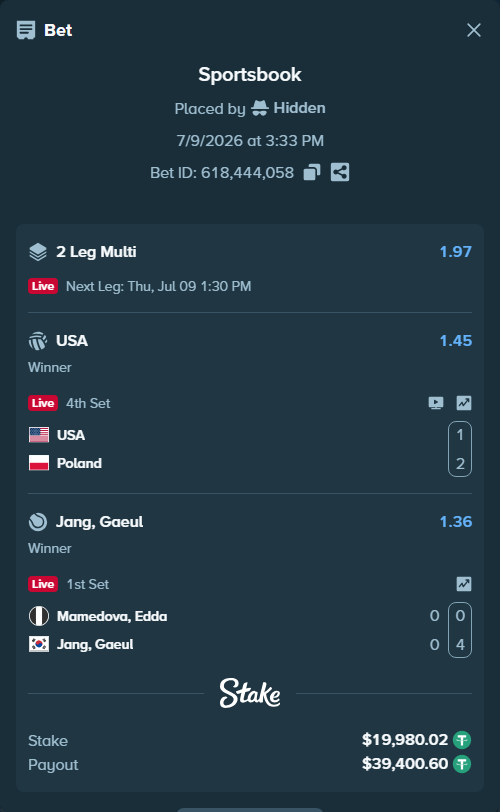 Bet slip: Mamedova, Edda - Jang, Gaeul, $20,000.00 stake at 1.36 odds, placed by Hidden