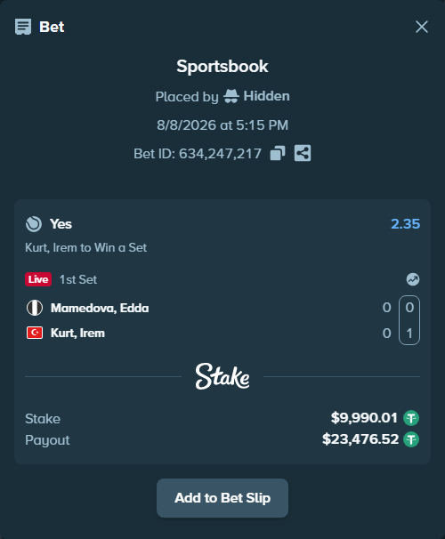 Bet slip: Mamedova, Edda - Kurt, Irem, $10,000.00 stake at 2.35 odds, placed by Hidden