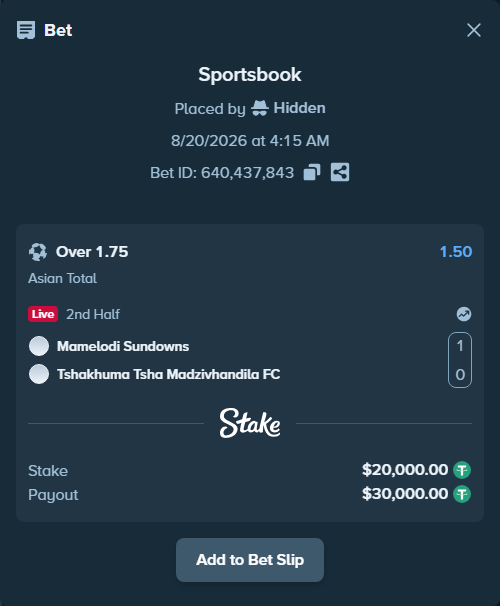 Bet slip: Mamelodi Sundowns - Marumo Gallants FC, $20,000.00 stake at 1.50 odds, placed by Hidden