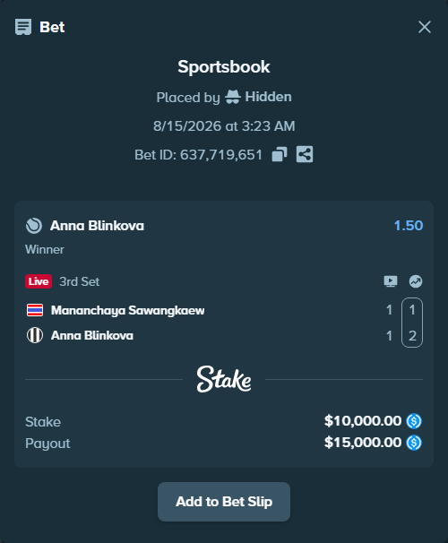 Bet slip: Mananchaya Sawangkaew - Anna Blinkova, $10,000.00 stake at 1.50 odds, placed by Hidden