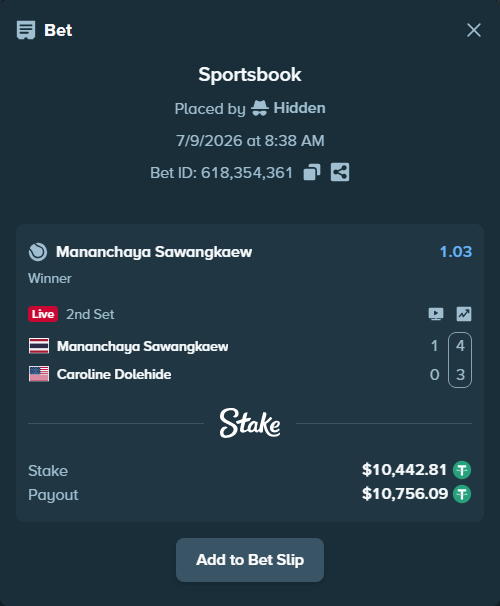 Bet slip: Mananchaya Sawangkaew - Caroline Dolehide, $10,453.25 stake at 1.03 odds, placed by Hidden