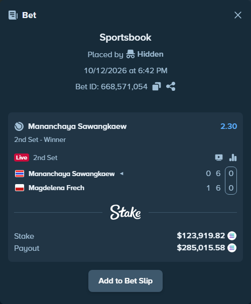 Bet slip: Mananchaya Sawangkaew - Magdelena Frech, $122,759.17 stake at 2.30 odds, placed by Prettylfacko98