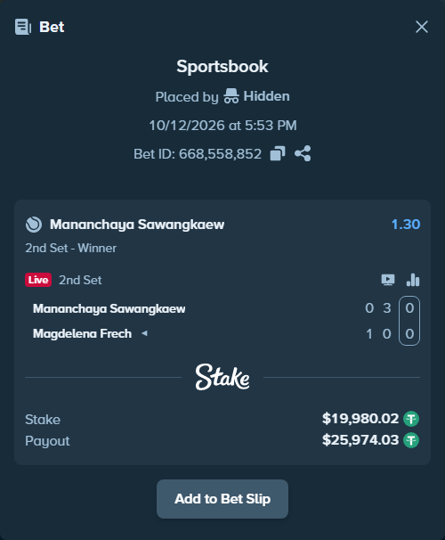 Bet slip: Mananchaya Sawangkaew - Magdelena Frech, $20,000.00 stake at 1.30 odds, placed by Kokos0