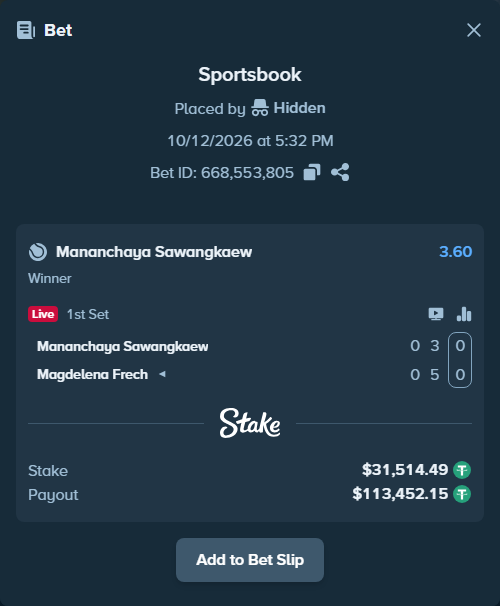 Bet slip: Mananchaya Sawangkaew - Magdelena Frech, $31,546.00 stake at 3.60 odds, placed by Hidden