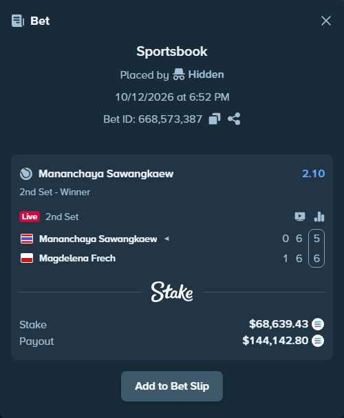 Bet slip: Mananchaya Sawangkaew - Magdelena Frech, $68,134.27 stake at 2.10 odds, placed by Prettylfacko98