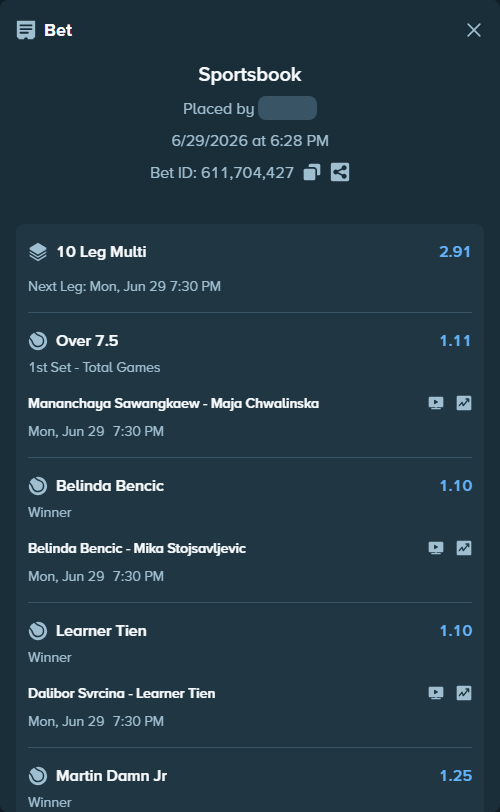 Bet slip: Mananchaya Sawangkaew - Maja Chwalinska, $75,000.00 stake at 1.11 odds, placed by EaurigaT