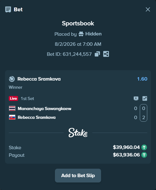 Bet slip: Mananchaya Sawangkaew - Rebecca Sramkova, $40,000.00 stake at 1.60 odds, placed by Hidden
