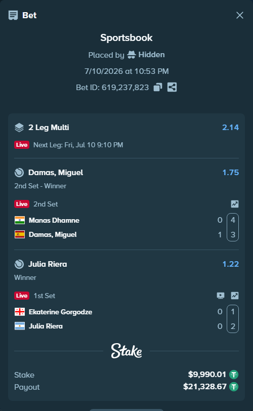 Bet slip: Manas Dhamne - Damas, Miguel, $10,000.00 stake at 1.75 odds, placed by Hidden